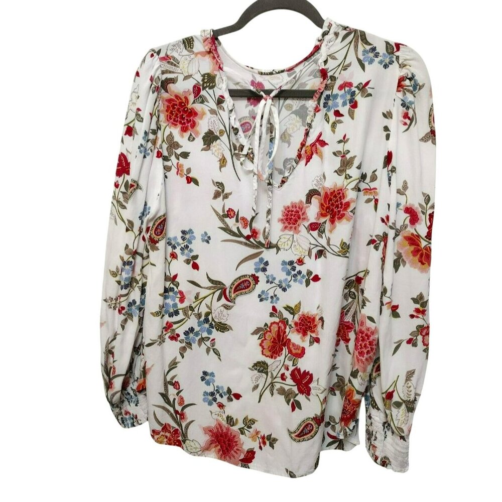 Ann Taylor White Floral Tie-Neck Blouse